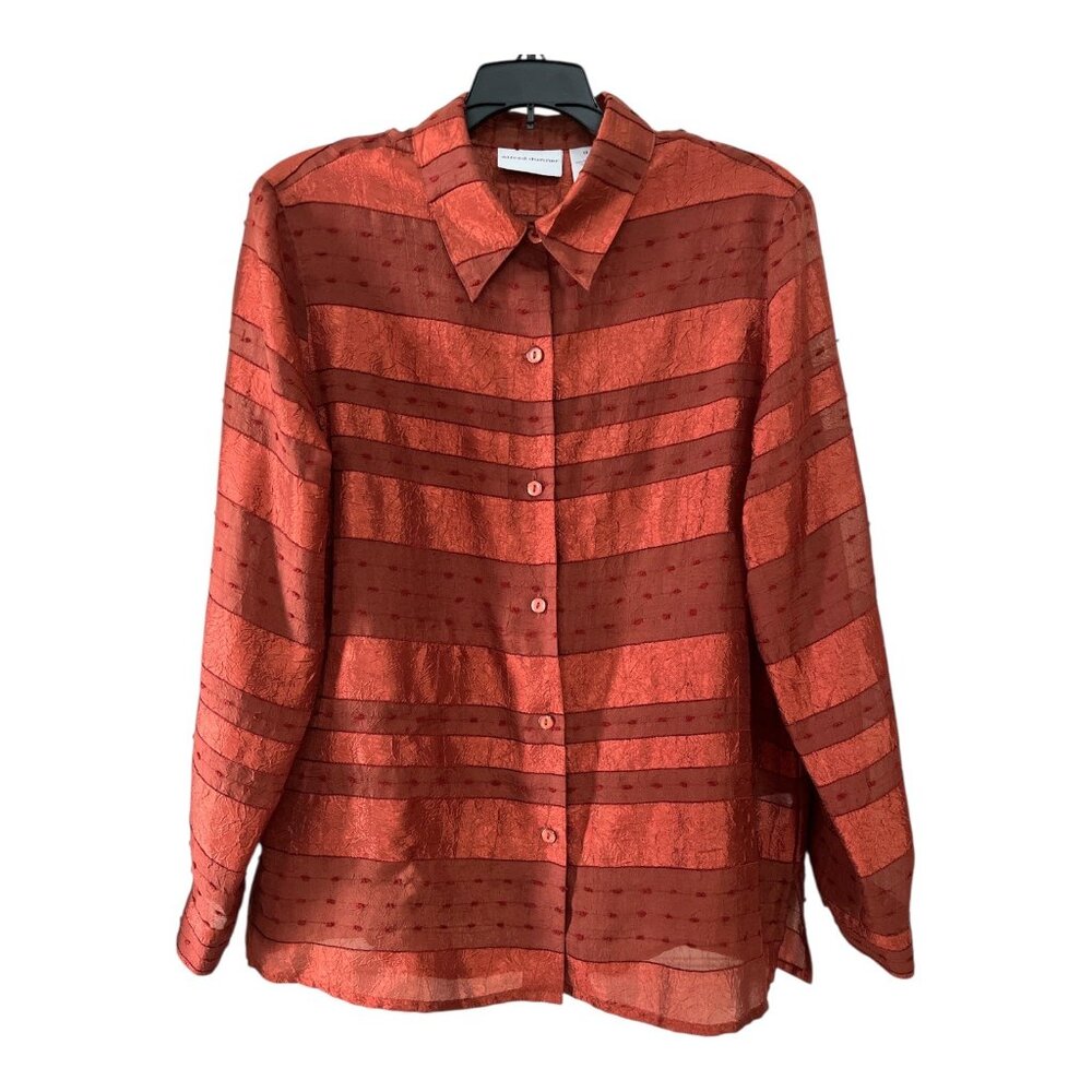 Alfred Dunner Women’s Size 12 Burnt Orange Sheer Textured Stripe Button-Front Bl